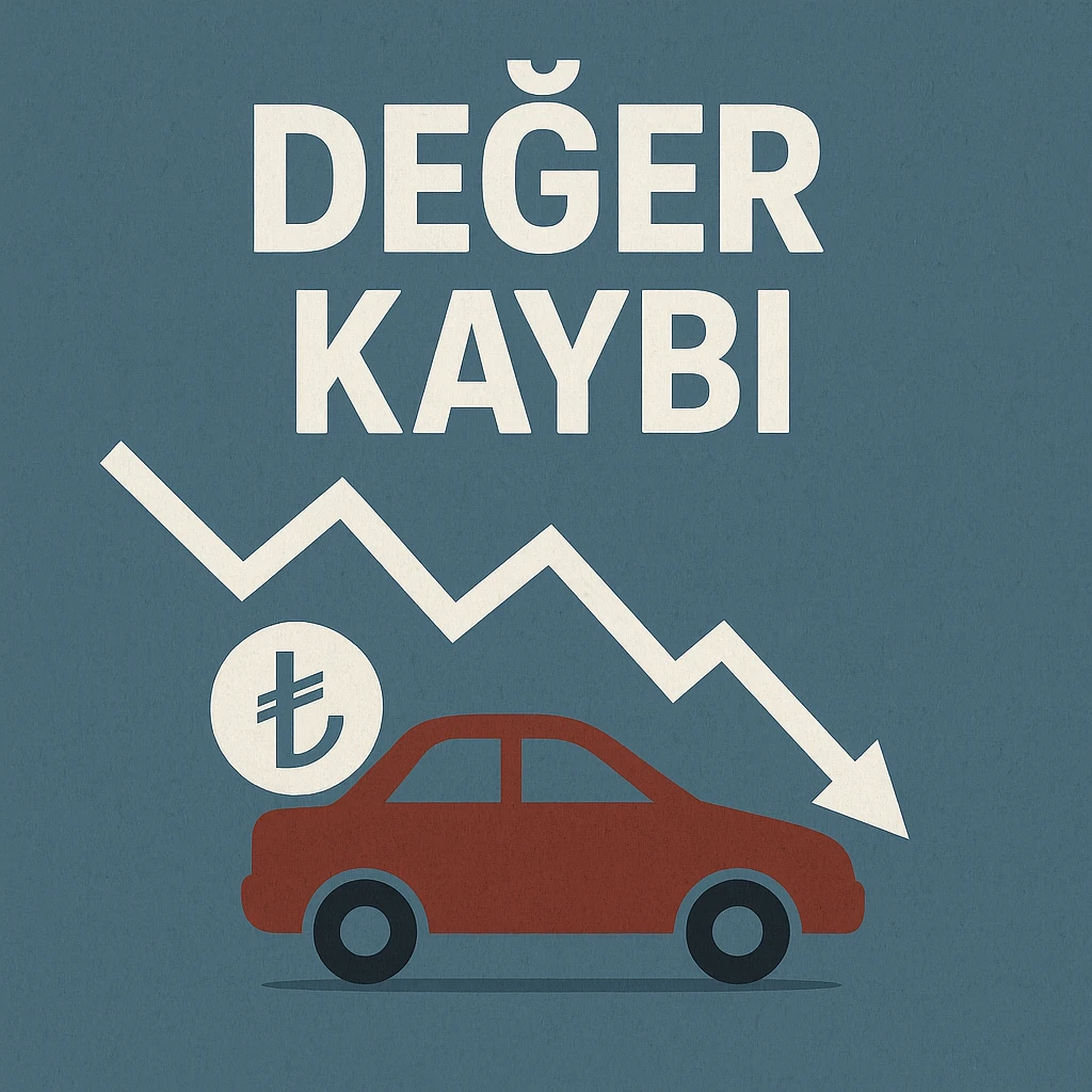 Üzerinde 'DEĞER KAYBI' yazısı, aşağı yönlü beyaz bir grafik çizgisi, altında kırmızı bir araba silueti ve Türk lirası (₺) simgesi bulunan kare biçimli illüstrasyon.